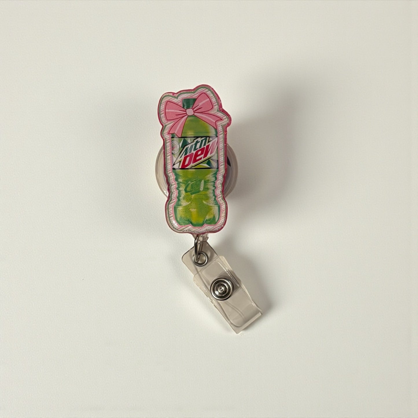 Pink Bow Mountain Dew Badge Reel | Cute Soda Badge Reel | Nurse & Healthcare ID Holder