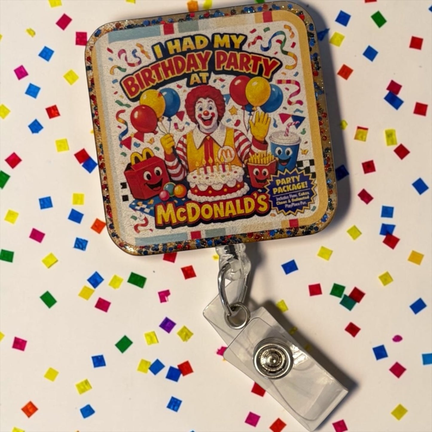 Retro McDonald’s Birthday Party Badge Reel | Nostalgic Ronald Clown ID Holder | Glitter Edge Nurse Badge Reel