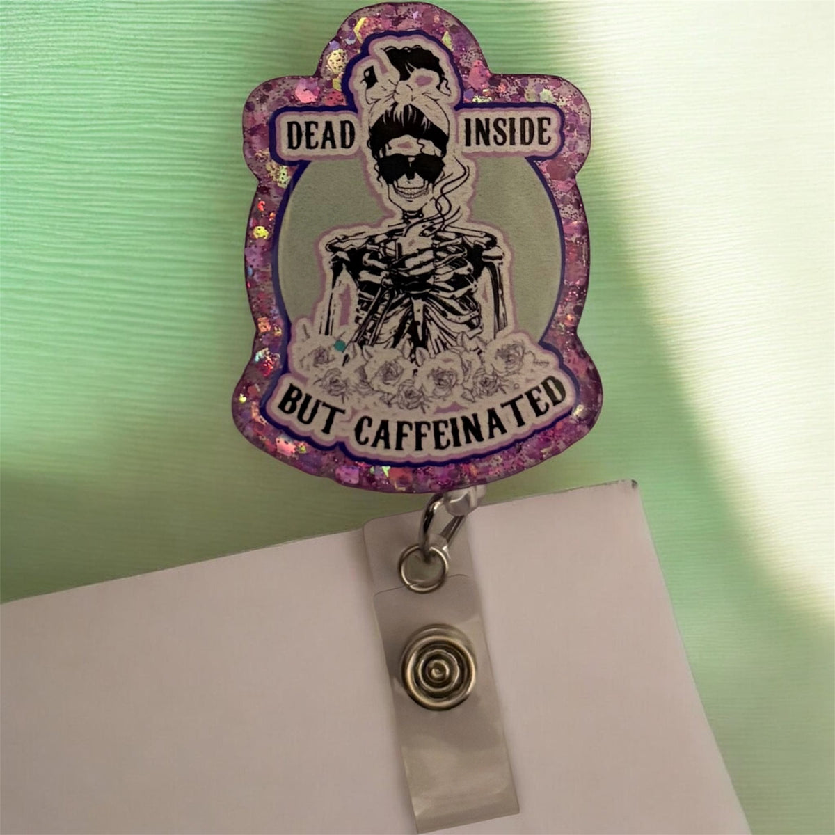 Dead Inside but Caffeinated Badge Reel – Funny Nurse ID Clip | Coffee Lover Work Badge | Caffeine Addict Gift for Healthcare & Office Staff