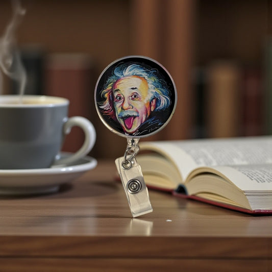 Einstein Tongue Out Badge Reel – Funny ID Holder, Science Teacher Gift, Retractable Name Tag, Nerdy Lanyard Accessory
