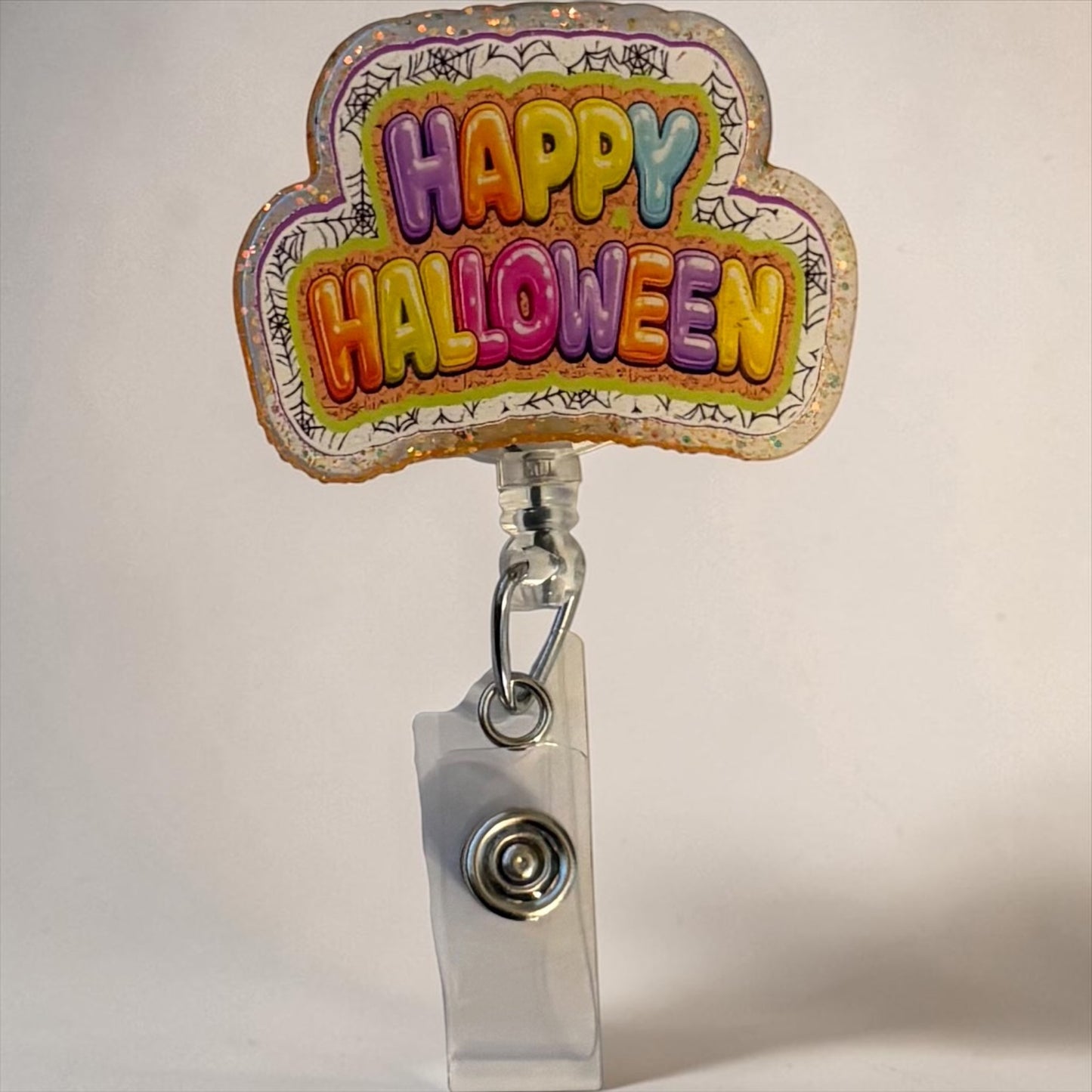 Happy Halloween Balloon Letter Badge Reel | Glitter Halloween Nurse Badge Holder | Cute Spooky Retractable ID Badge Clip