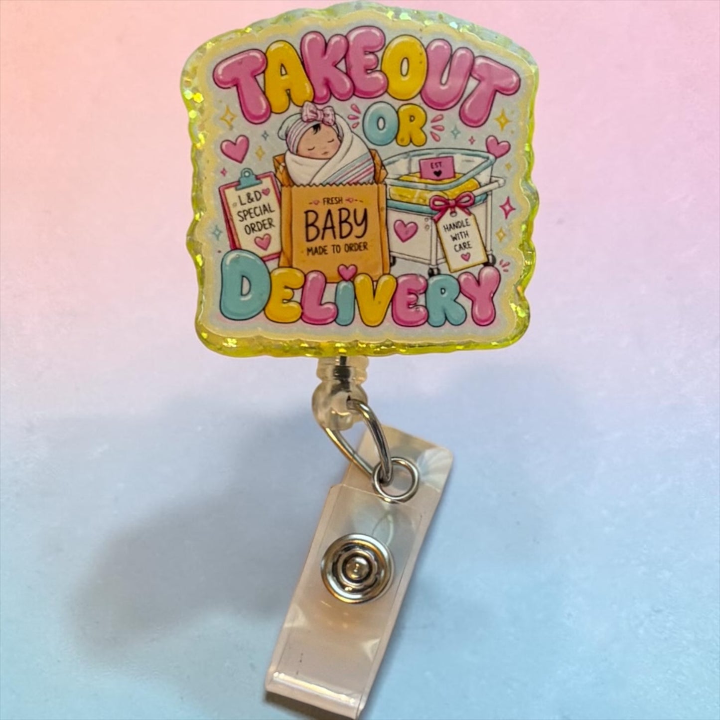 Takeout or Delivery Labor & Delivery Nurse Badge Reel | Handmade L&D Nurse ID Holder | Baby Delivery Badge Clip