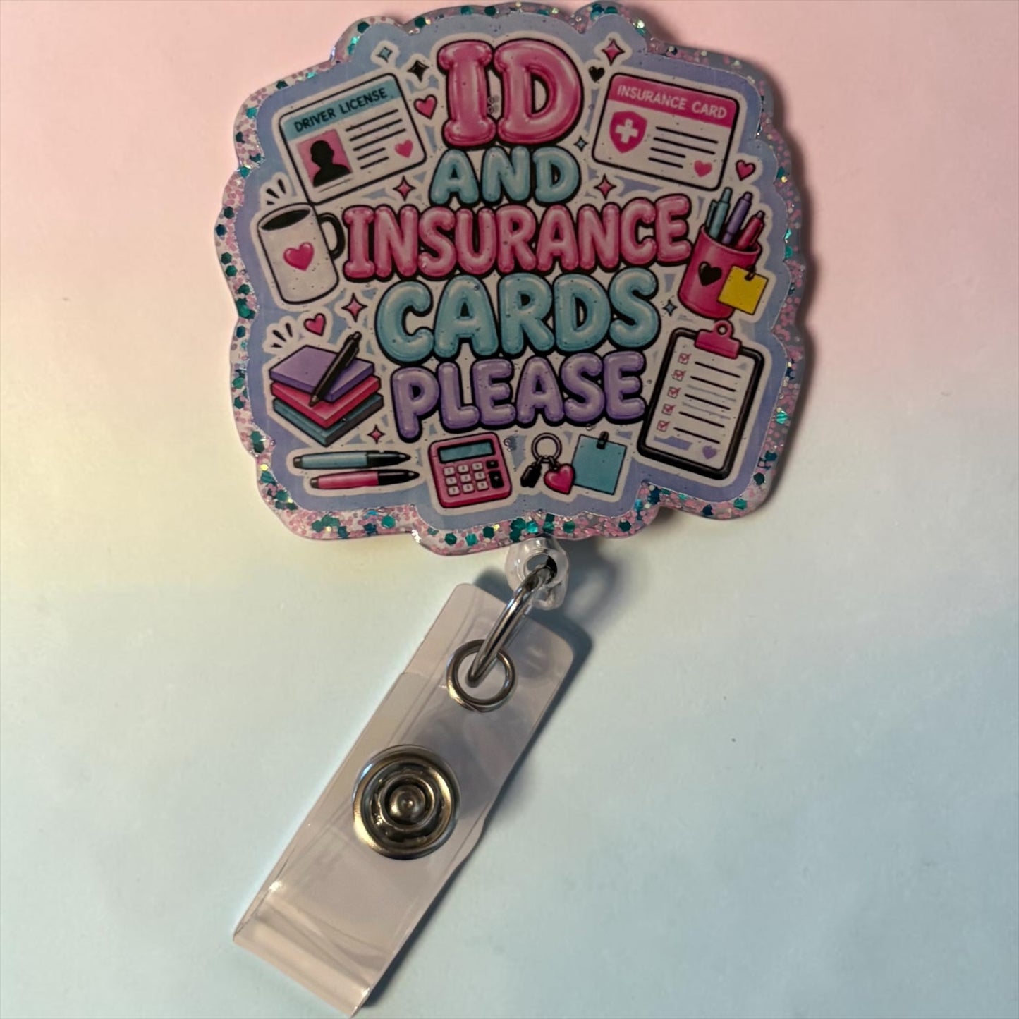 ID and Insurance Cards Please Badge Reel – Glitter Medical Receptionist Badge Holder | Cute Front Desk Office Accessory