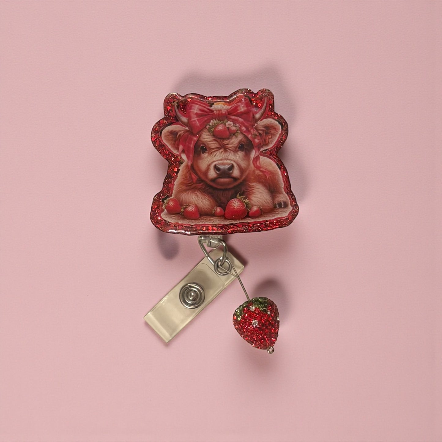 Strawberry Cow Badge Reel, Cute Cow Badge Reel