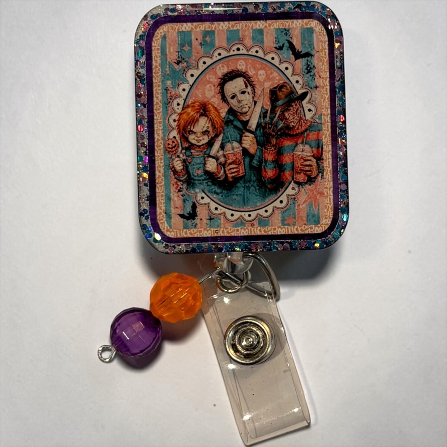 Vintage Horror Movie Trio Glitter Badge Reel | Halloween Retractable ID Badge Holder | Handmade Spooky Badge Reel