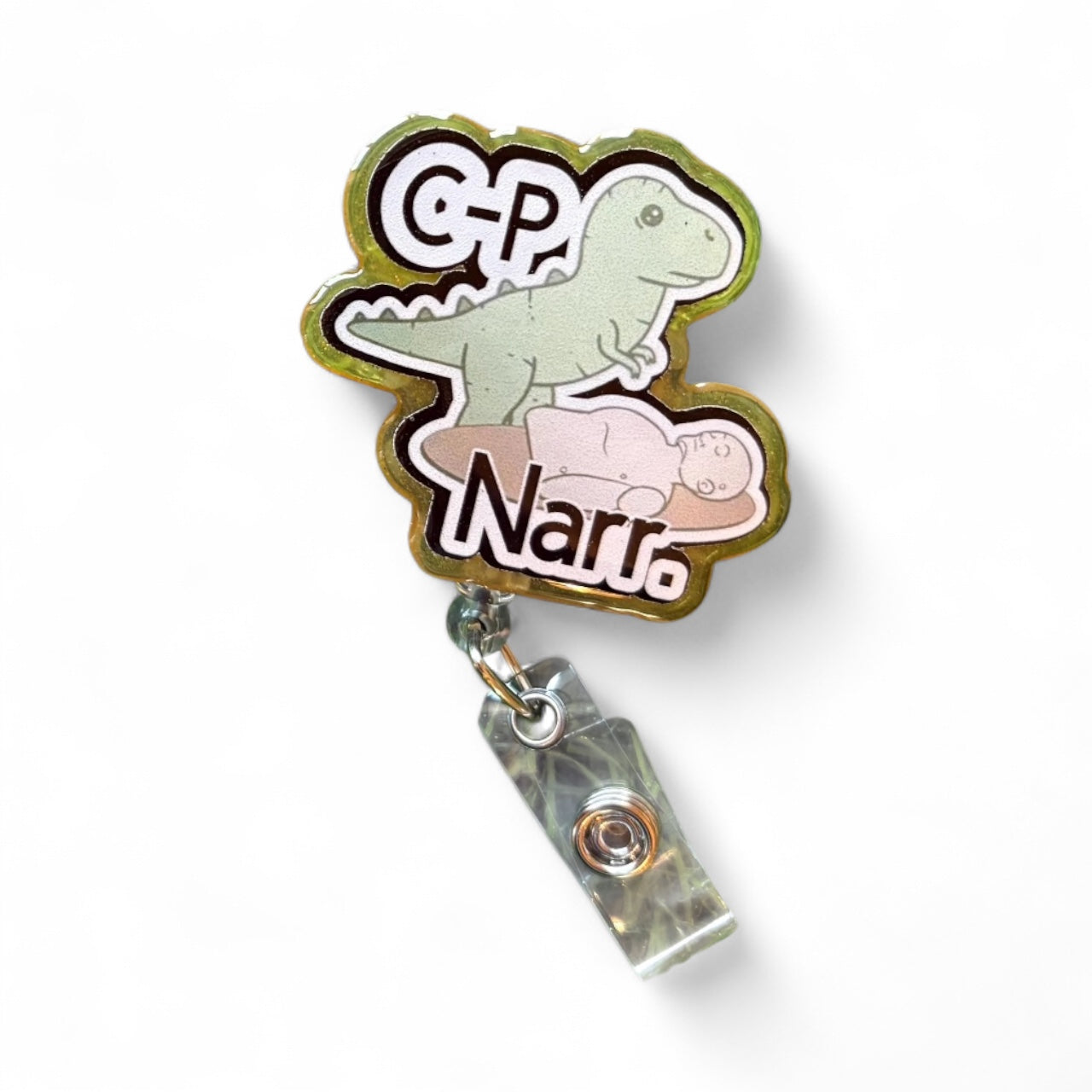 Funny Dinosaur Nurse Badge Reel – “C.P. Narr.” T-Rex Clip for ER, ICU, or Medical Staff