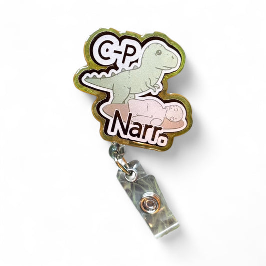 Funny Dinosaur Nurse Badge Reel – “C.P. Narr.” T-Rex Clip for ER, ICU, or Medical Staff