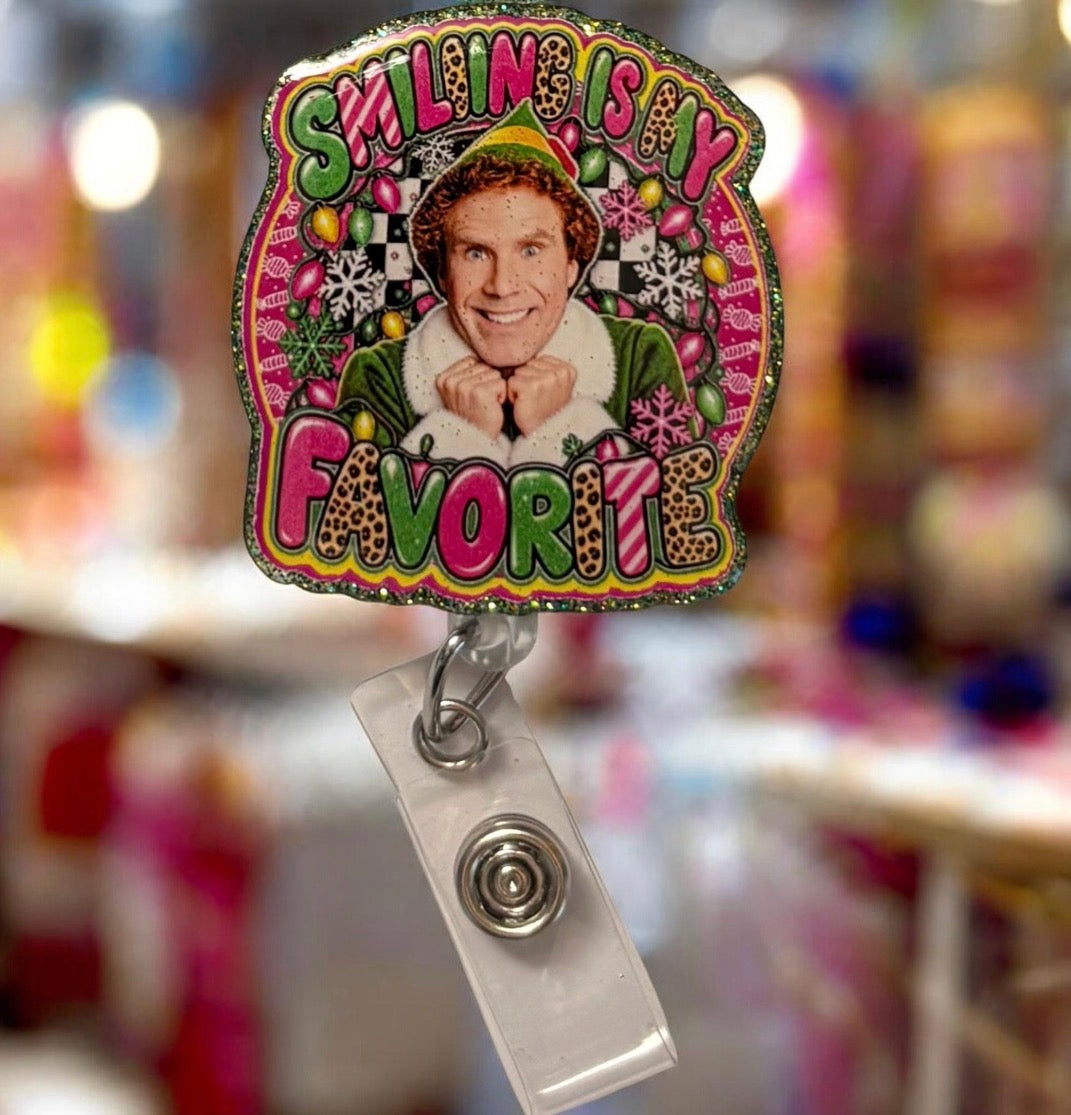 Smiling Is My Favorite Christmas Badge Reel | Funny Holiday Badge Buddy | Festive Nurse ID Holder