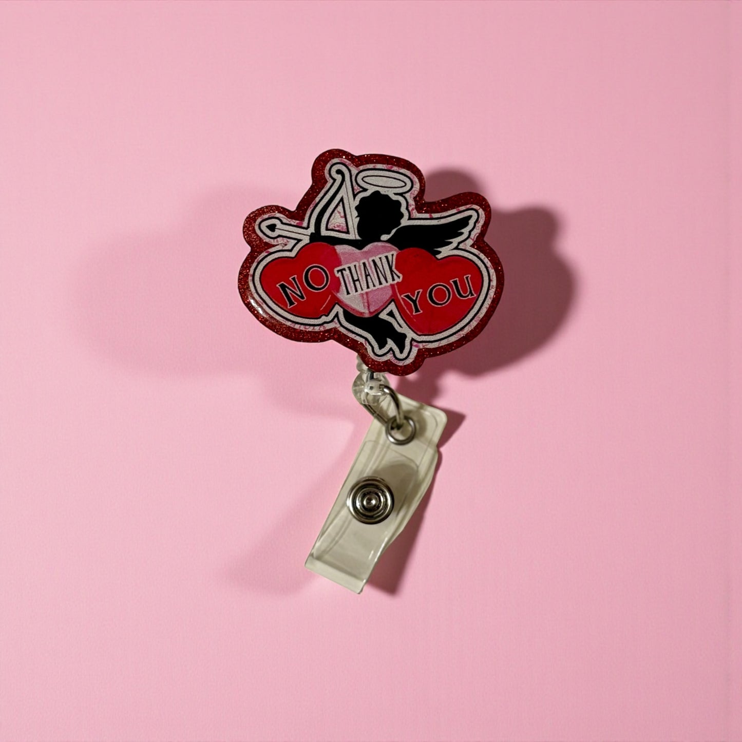 No Thank You Cupid Badge Reel – Funny Anti-Valentine’s Day Retractable ID Holder