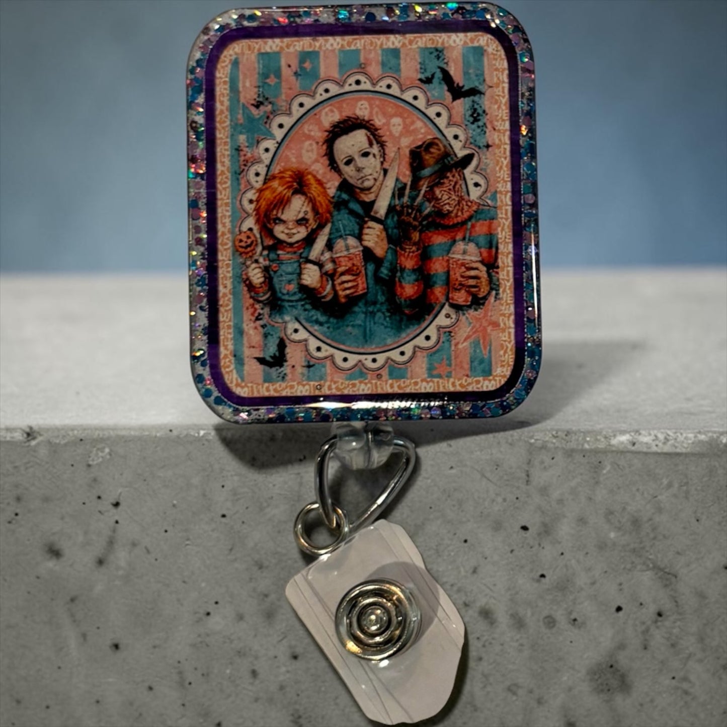Vintage Horror Movie Trio Glitter Badge Reel | Halloween Retractable ID Badge Holder | Handmade Spooky Badge Reel