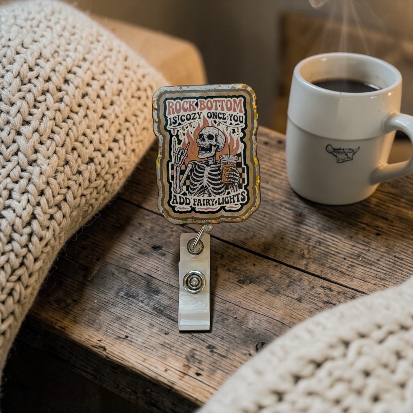 Rock Bottom Is Cozy Badge Reel – Skeleton Fairy Lights Dark Humor Retractable ID Holder