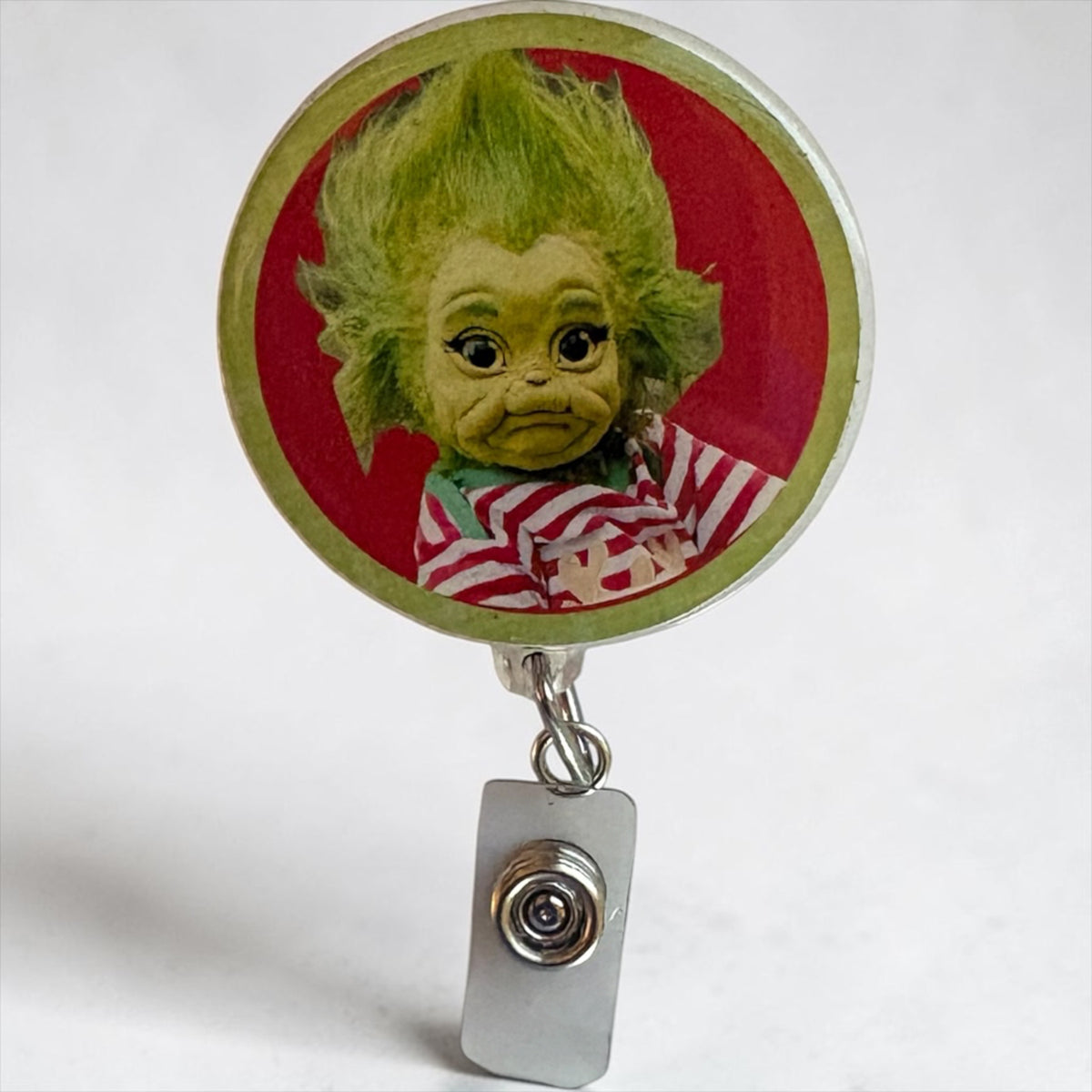 Baby Grinch Retractable Badge Reel – Whimsical Green Furry Holiday ID Badge Holder for Nurses, Teachers & Healthcare Workers