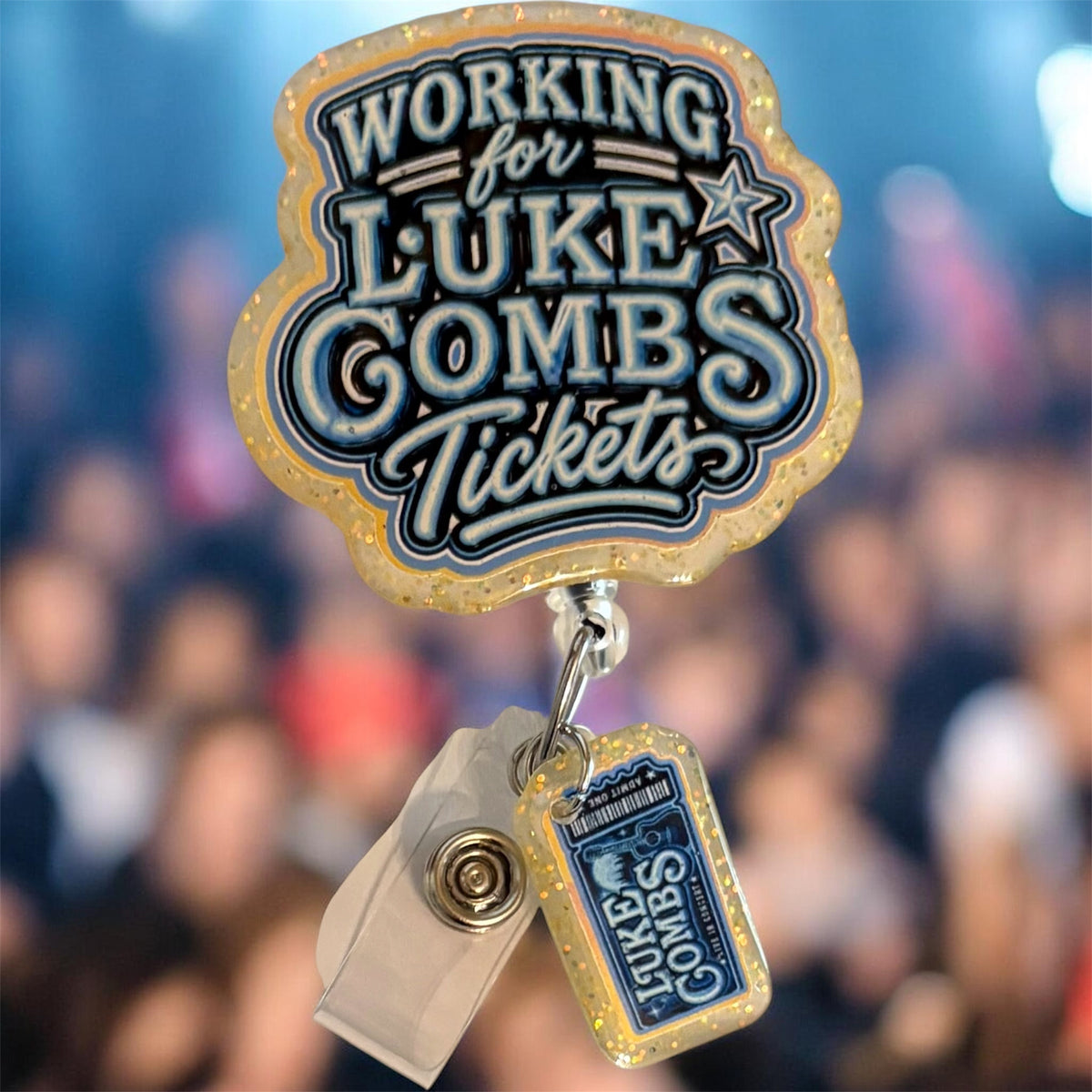 Workin’ for Luke Combs Tickets Glow-in-the-Dark Badge Reel + Ticket Charm