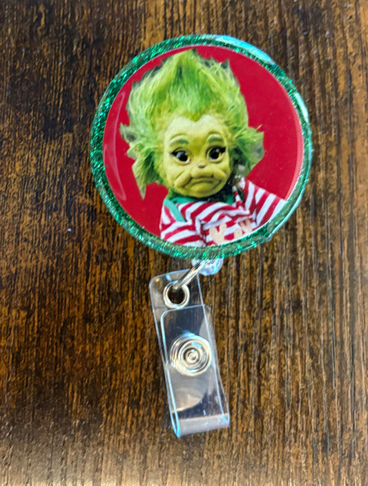 Baby Grinch Badge Reel | Cute Christmas ID Holder | Grinchmas Nurse Gift | Retractable Name Tag | Holiday Work Accessory