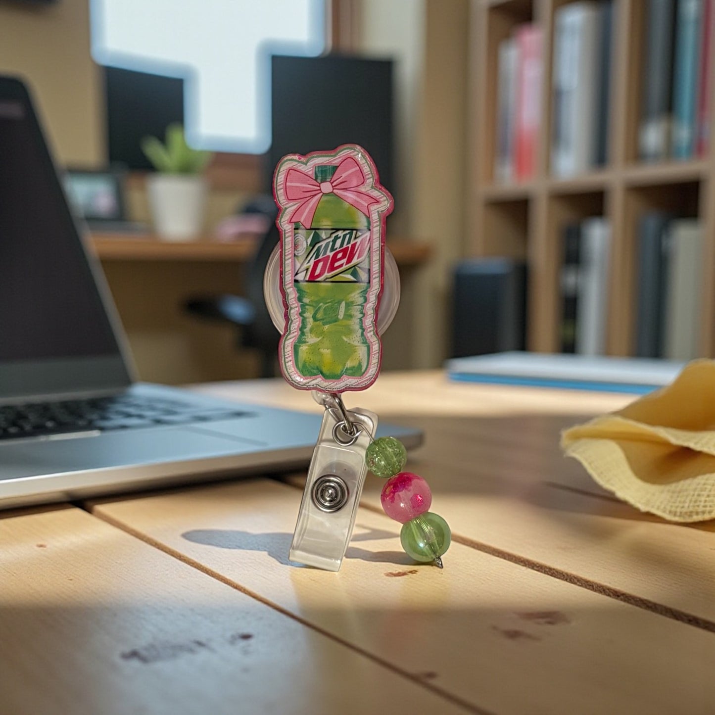 Pink Bow Mountain Dew Badge Reel | Cute Soda Badge Reel | Nurse & Healthcare ID Holder
