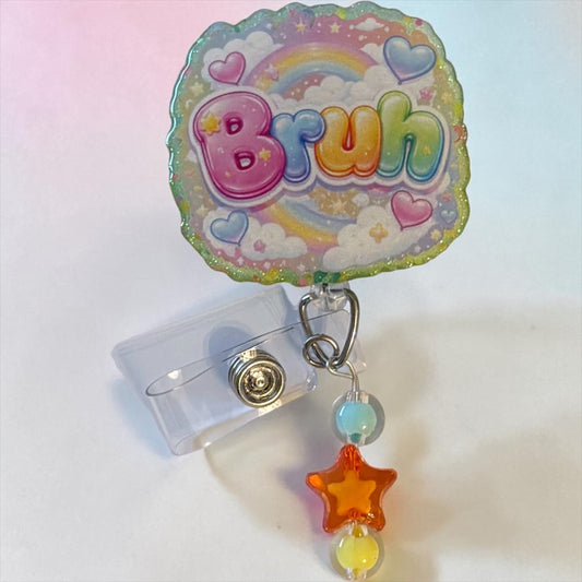 Pastel “Bruh” Rainbow Badge Reel – Cute Cloud & Heart Design