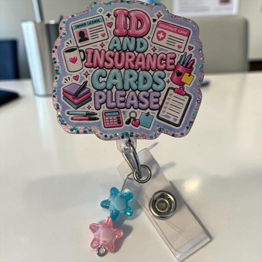 ID and Insurance Cards Please Badge Reel – Glitter Medical Receptionist Badge Holder | Cute Front Desk Office Accessory