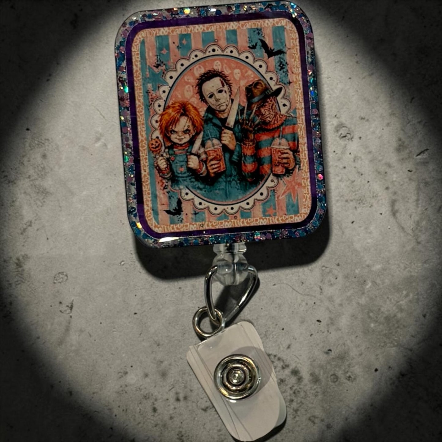 Vintage Horror Movie Trio Glitter Badge Reel | Halloween Retractable ID Badge Holder | Handmade Spooky Badge Reel