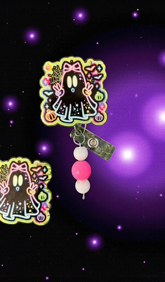 Cute Ghost Badge Reel – Holographic Halloween ID Holder with Bow & Pumpkins