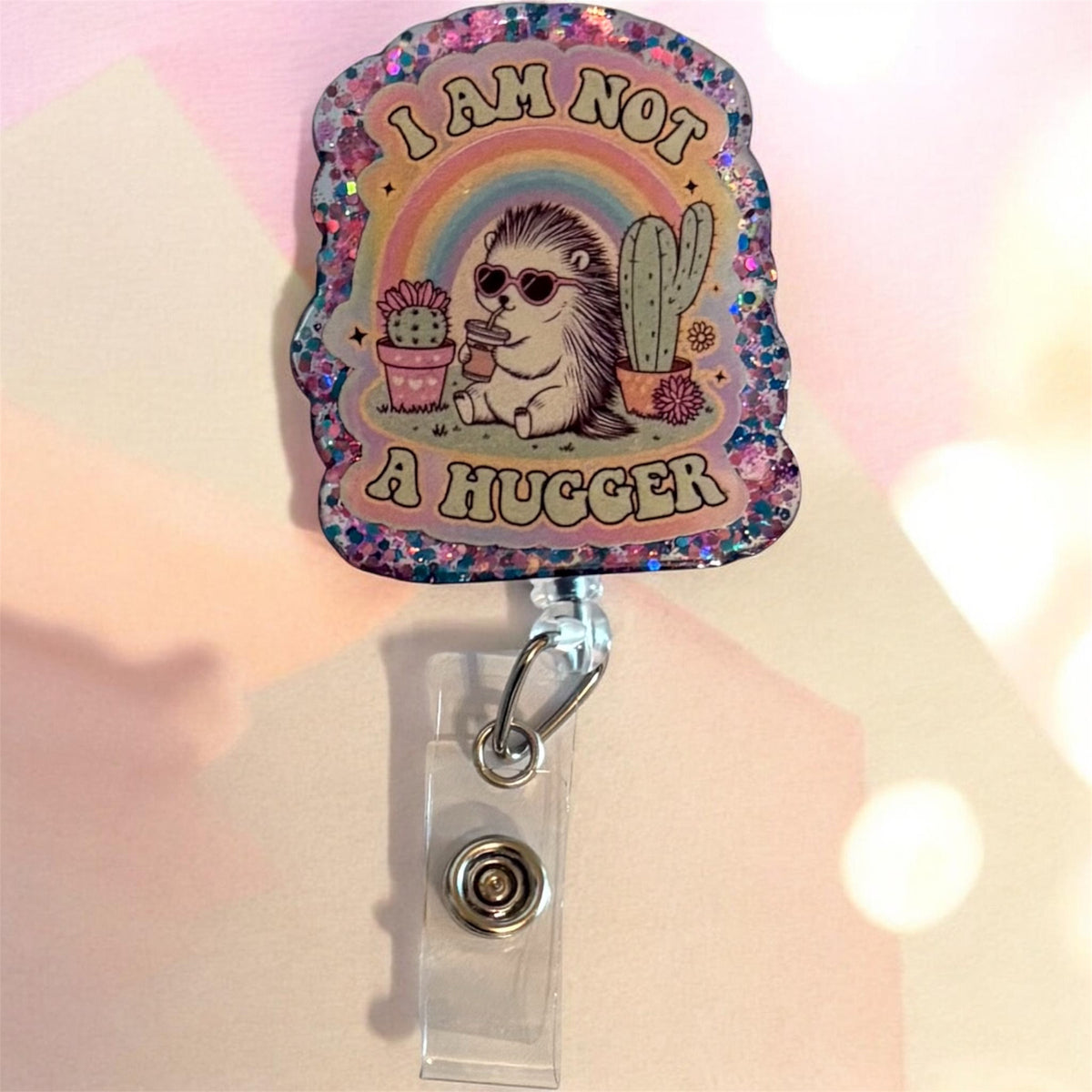 I Am Not a Hugger Badge Reel – Cute Hedgehog Cactus Rainbow ID Holder