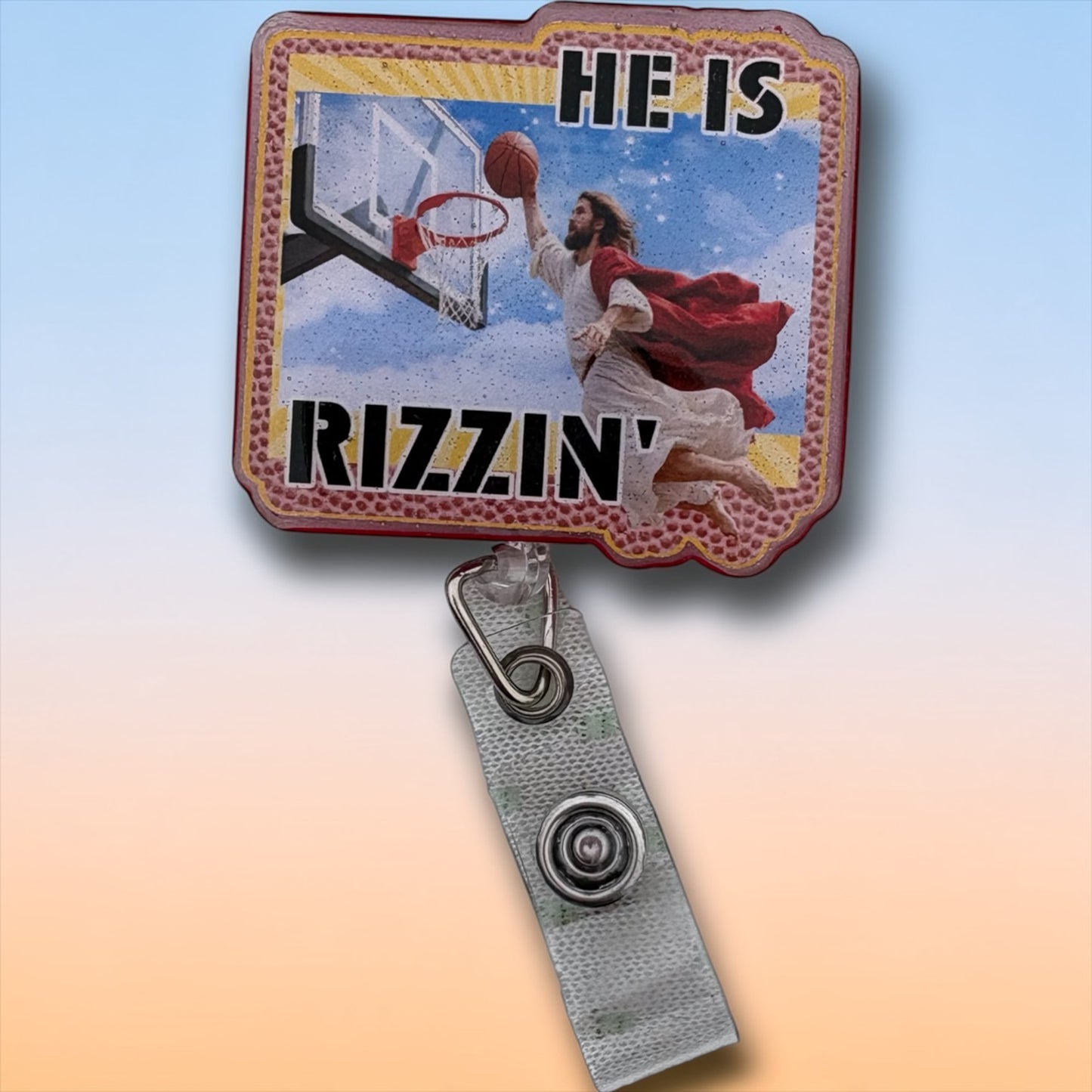He Is Rizzin’ Funny Easter Badge Reel – Jesus Basketball Dunk Badge Holder, Christian Humor Retractable ID Badge Reel