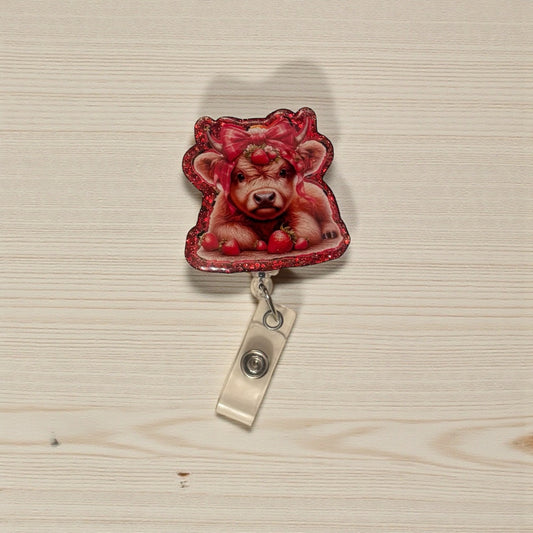 Strawberry Cow Badge Reel, Cute Cow Badge Reel