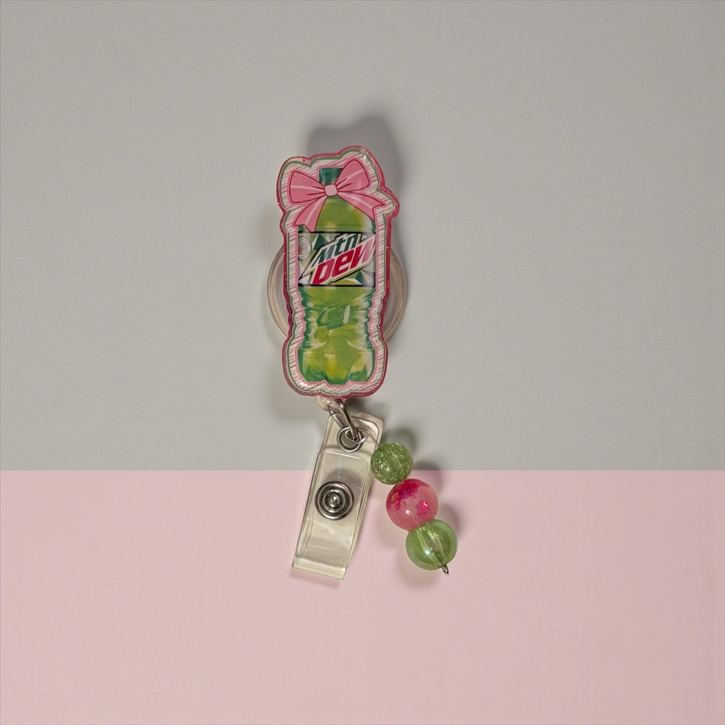 Pink Bow Mountain Dew Badge Reel | Cute Soda Badge Reel | Nurse & Healthcare ID Holder