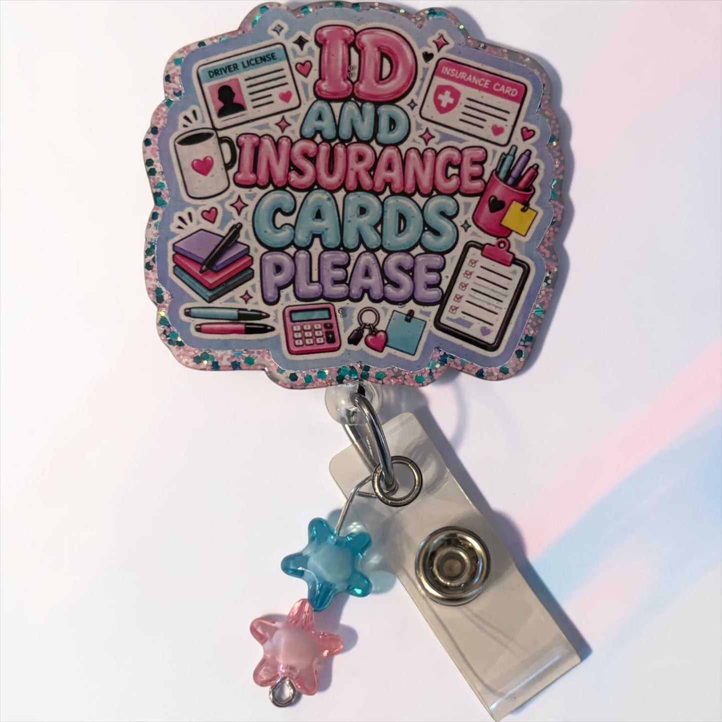 ID and Insurance Cards Please Badge Reel – Glitter Medical Receptionist Badge Holder | Cute Front Desk Office Accessory