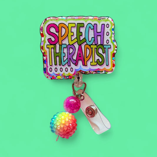 Speech Therapist Badge Reel – SLP Retractable ID Holder with Fun School Design