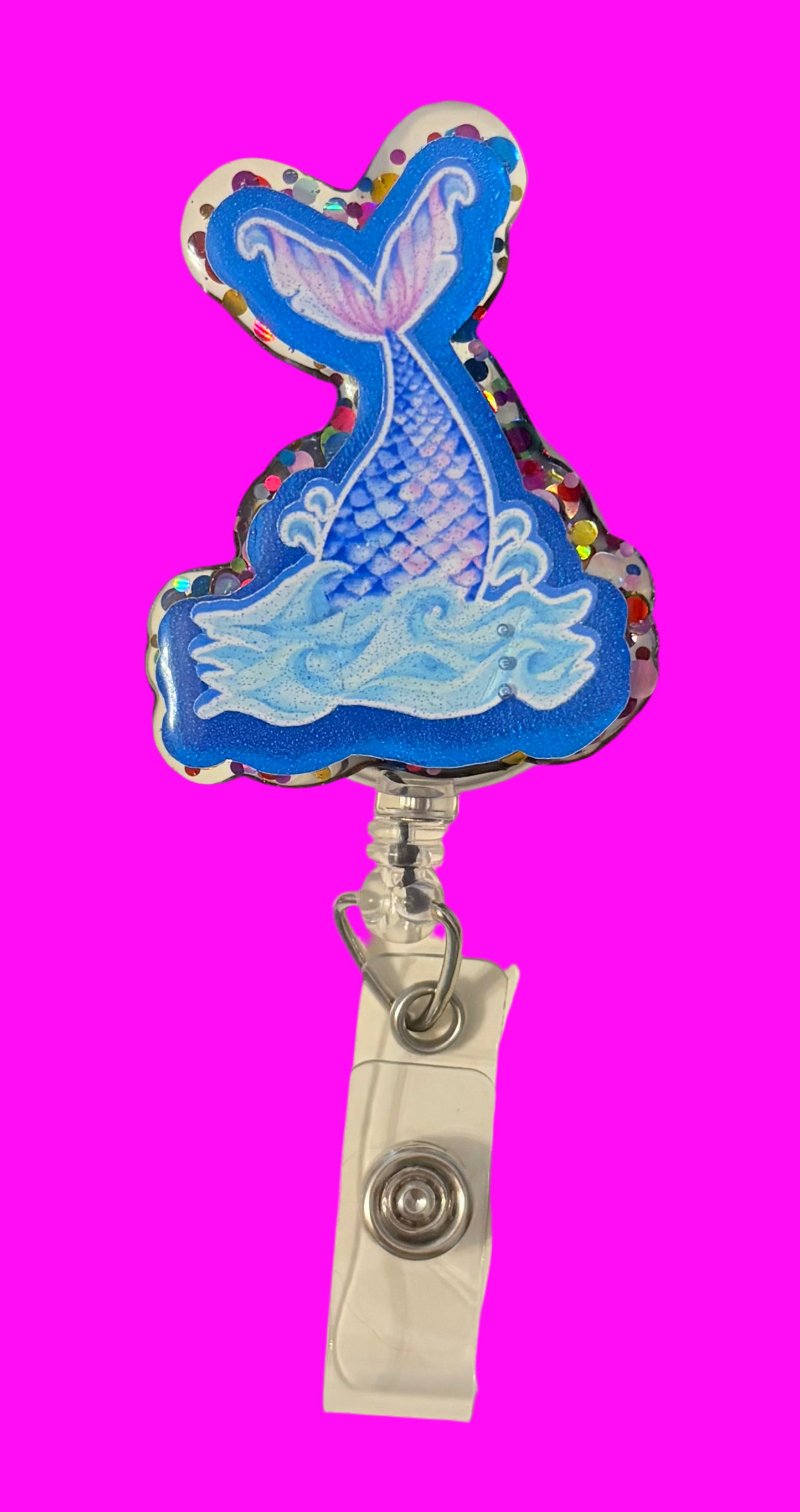 Mermaid Tail Badge Reel – Cute Glitter Retractable ID Holder for Nurses, Teachers & Office Staff