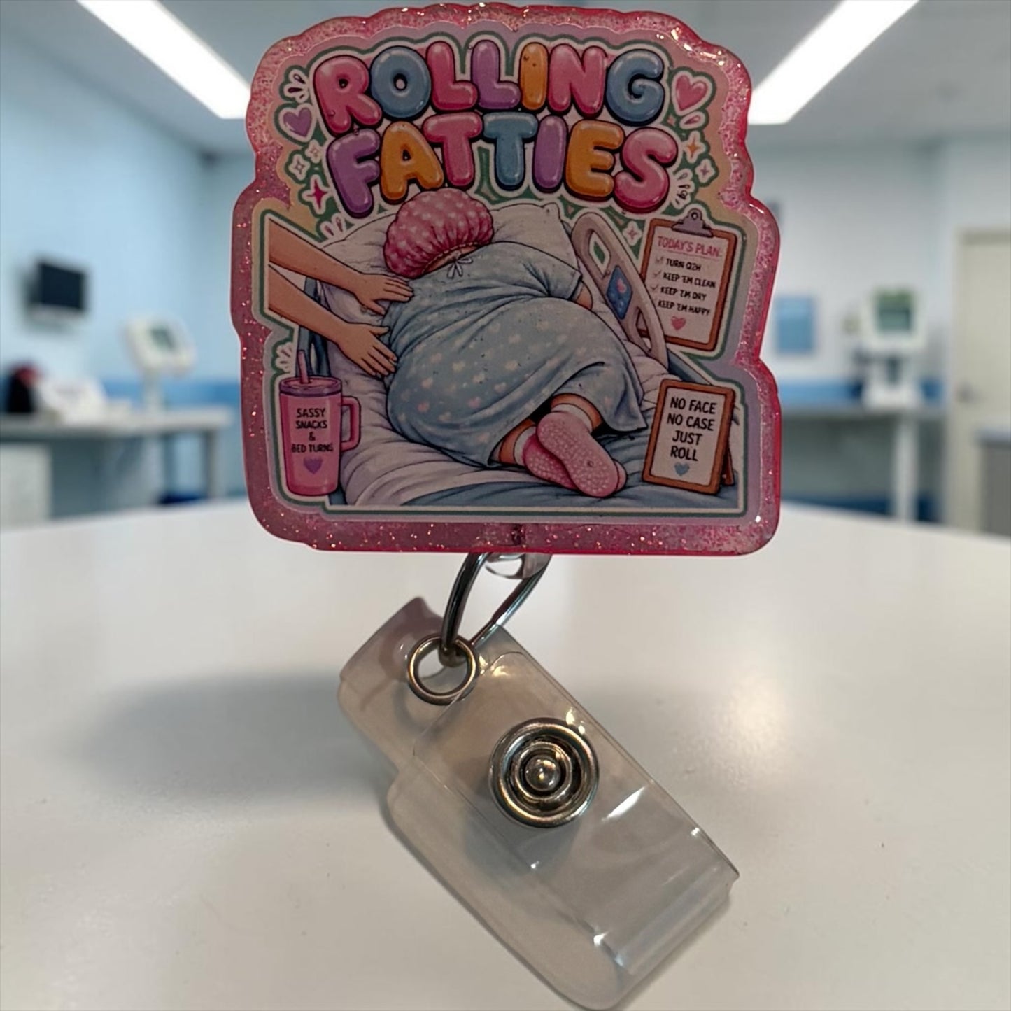 Rolling Fatties Nurse Badge Reel – Funny Patient Turning Badge Reel | Glitter Retractable ID Holder