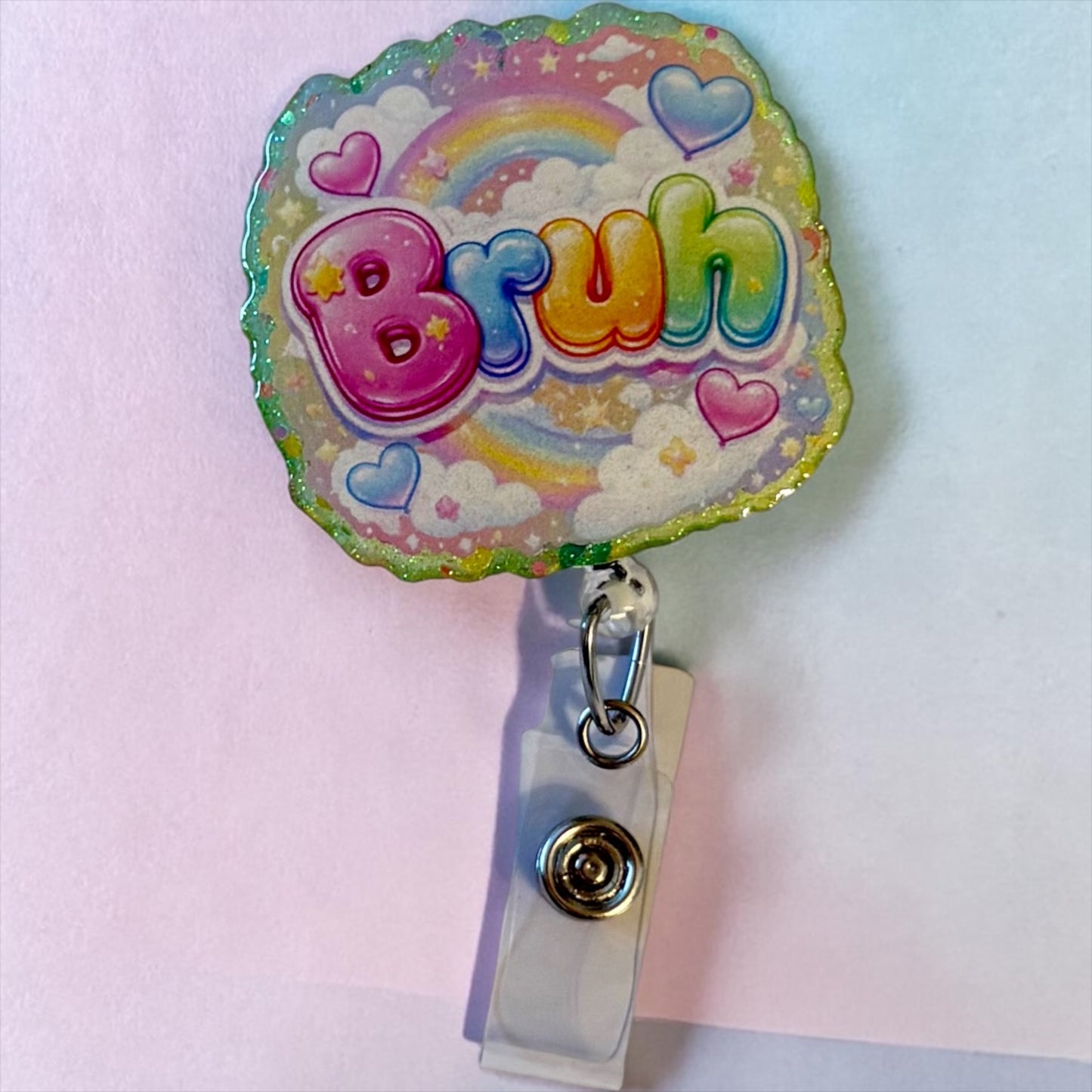 Pastel “Bruh” Rainbow Badge Reel – Cute Cloud & Heart Design