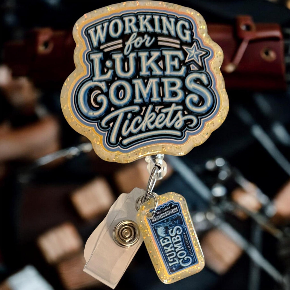 Workin’ for Luke Combs Tickets Glow-in-the-Dark Badge Reel + Ticket Charm