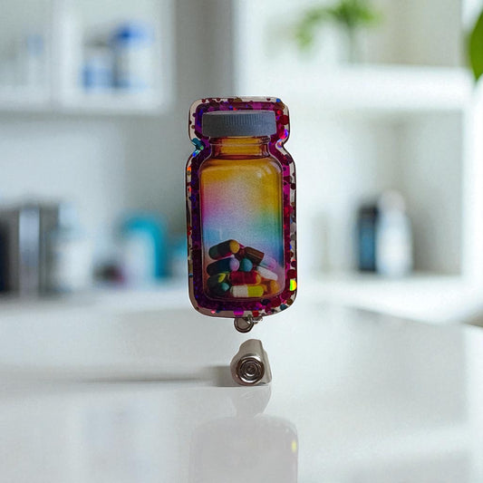 Pharmacy Badge Reel – Pill Bottle Retractable ID Holder – Nurse Gift – Pharmacist Accessory – Cute Medical Badge Clip