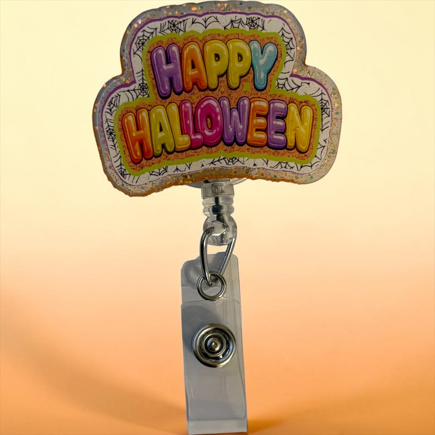 Happy Halloween Balloon Letter Badge Reel | Glitter Halloween Nurse Badge Holder | Cute Spooky Retractable ID Badge Clip