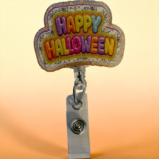 Happy Halloween Balloon Letter Badge Reel | Glitter Halloween Nurse Badge Holder | Cute Spooky Retractable ID Badge Clip