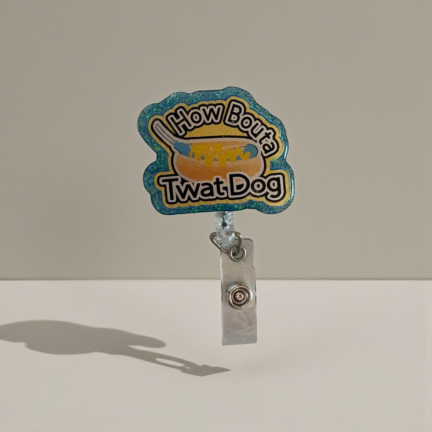 How Bout a Twat Dog Badge Reel – Funny Hot Dog Pun ID Holder