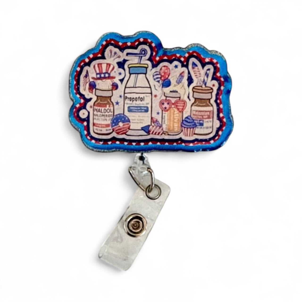 Patriotic Meds Badge Reel | Funny Nurse Badge Holder | Haldol, Propofol & Versed Badge Clip