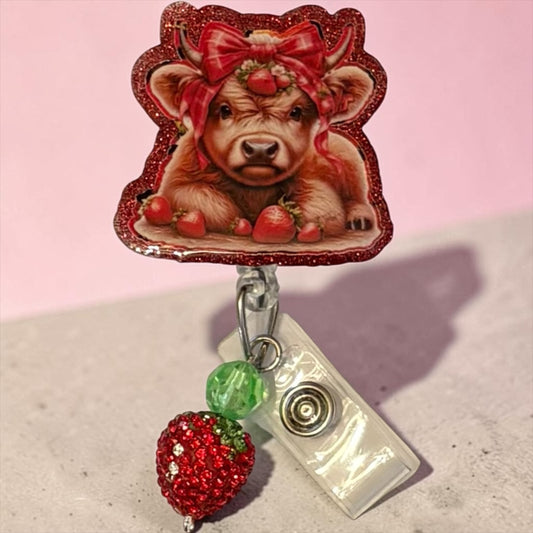 Strawberry Cow Badge Reel, Cute Cow Badge Reel