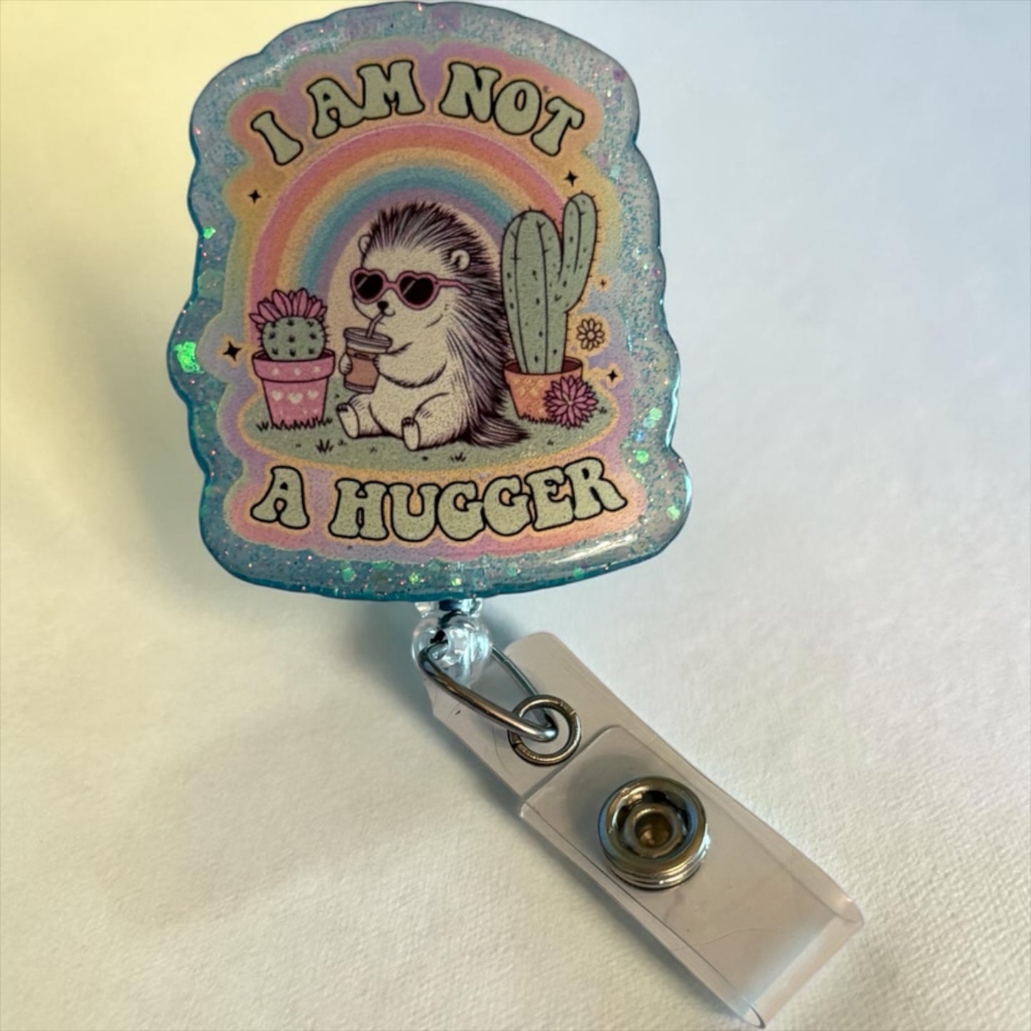 I Am Not a Hugger Badge Reel – Cute Hedgehog Cactus Rainbow ID Holder