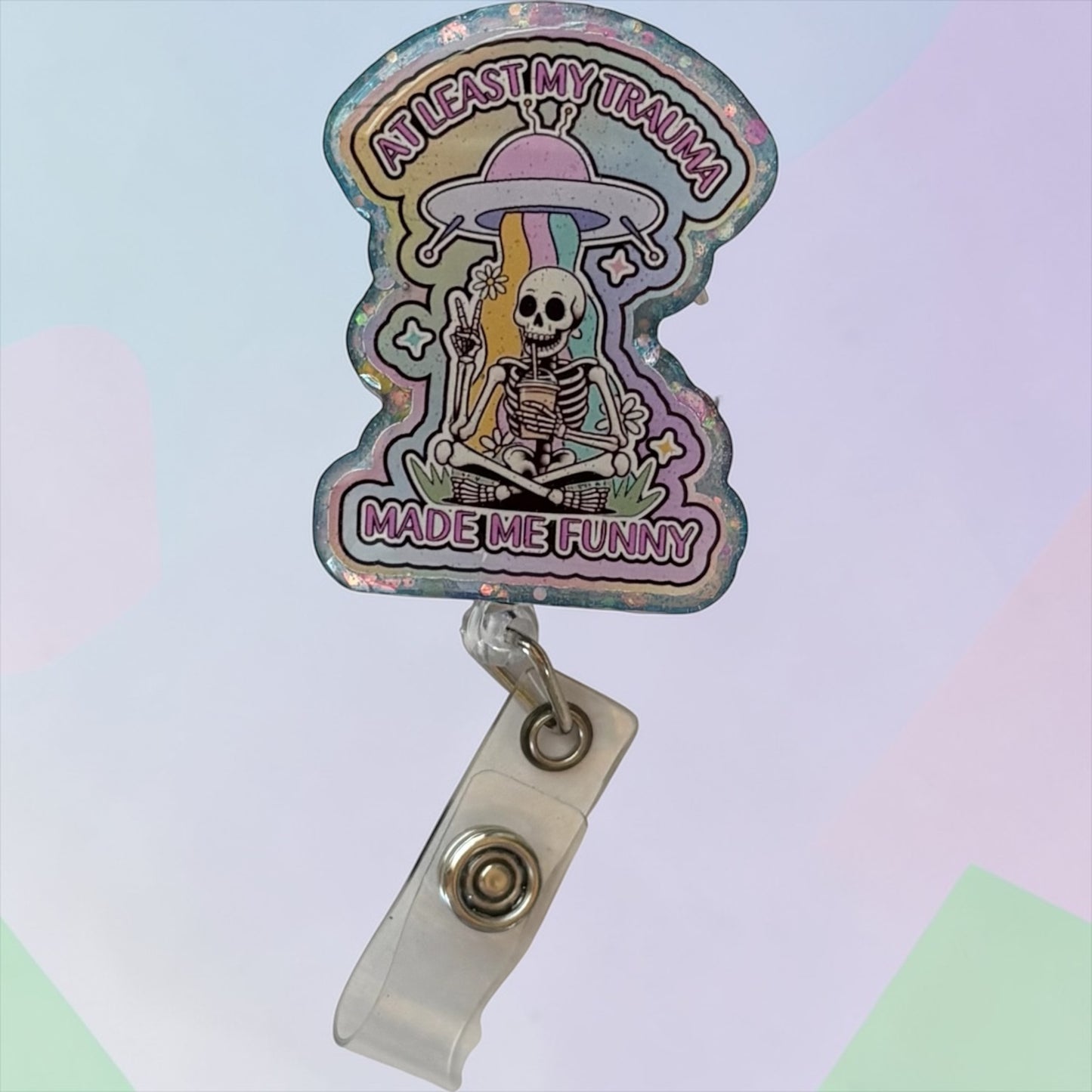 Trauma Nurse Badge Reel – “At Least My Trauma Made Me Funny” ID Clip, Skeleton Nurse Badge Holder, ER RN Humor Gift