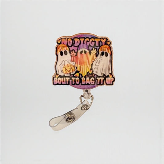 Funny Halloween Badge Reel – No Diggity Bout to Bag It Up | Ghost ID Clip | Nurse Badge Holder | Cute Spooky Fall Work Accessory