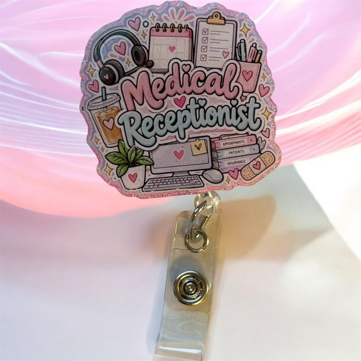 Medical Receptionist Badge Reel – Cute Retractable ID Holder for Healthcare Front Desk Staff