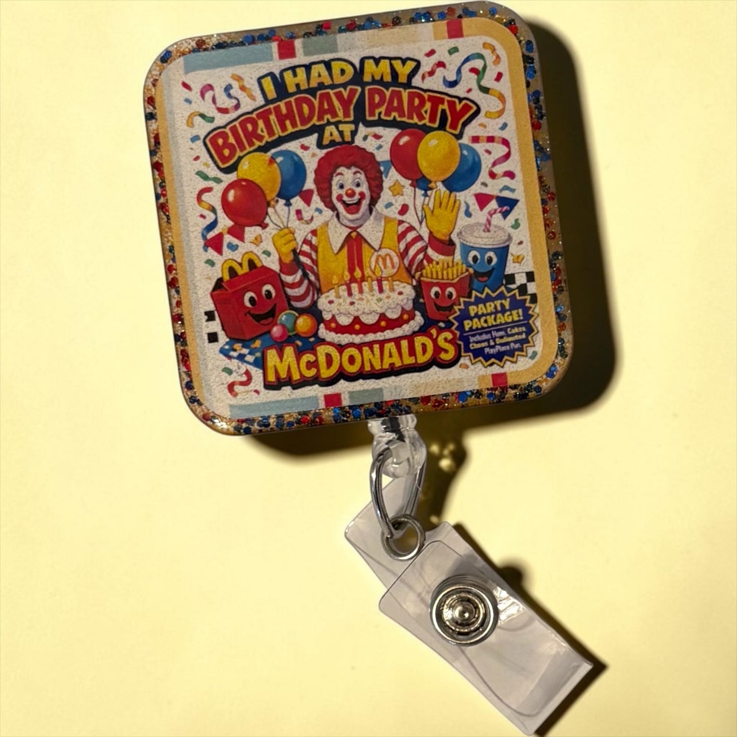 Retro McDonald’s Birthday Party Badge Reel | Nostalgic Ronald Clown ID Holder | Glitter Edge Nurse Badge Reel