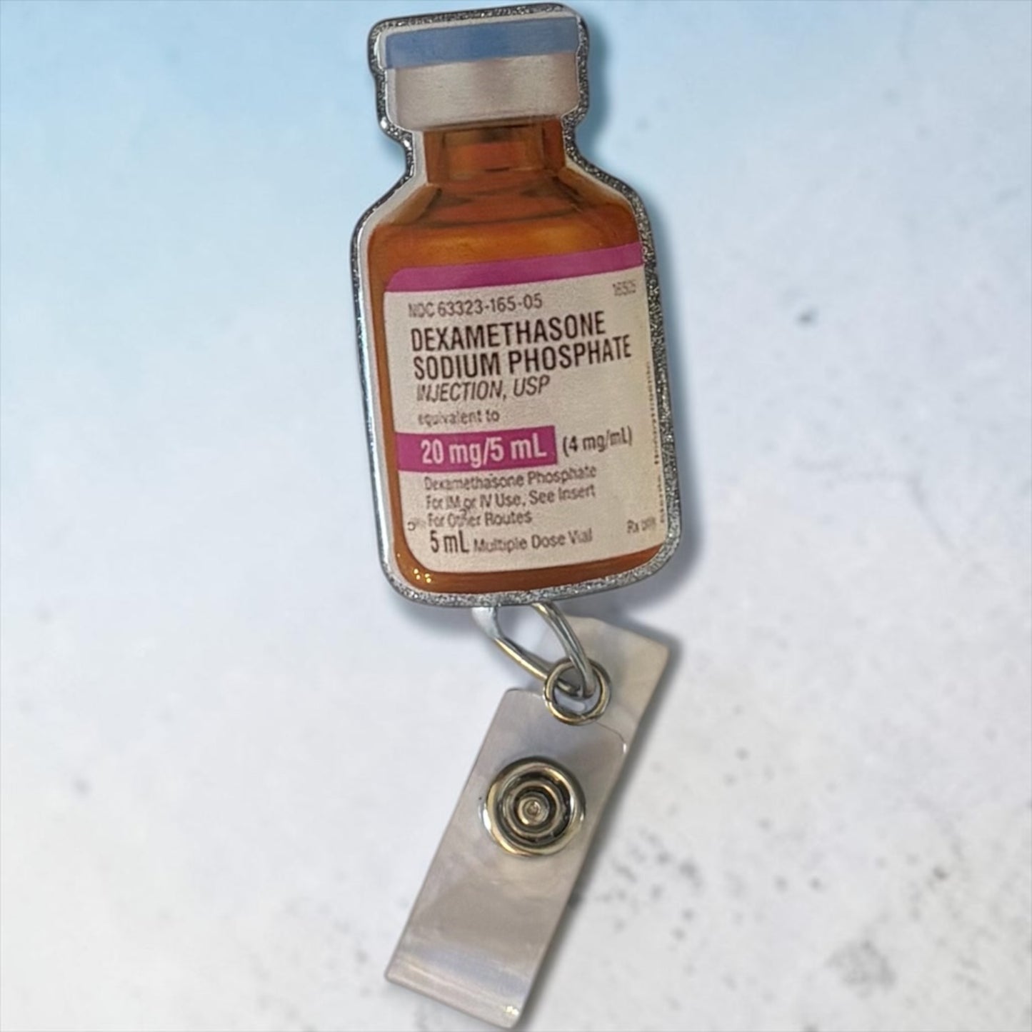 Dexamethasone Vial Badge Reel – Funny Steroid Injection Medical Badge Holder – Nurse, NP, Pharmacist Gift