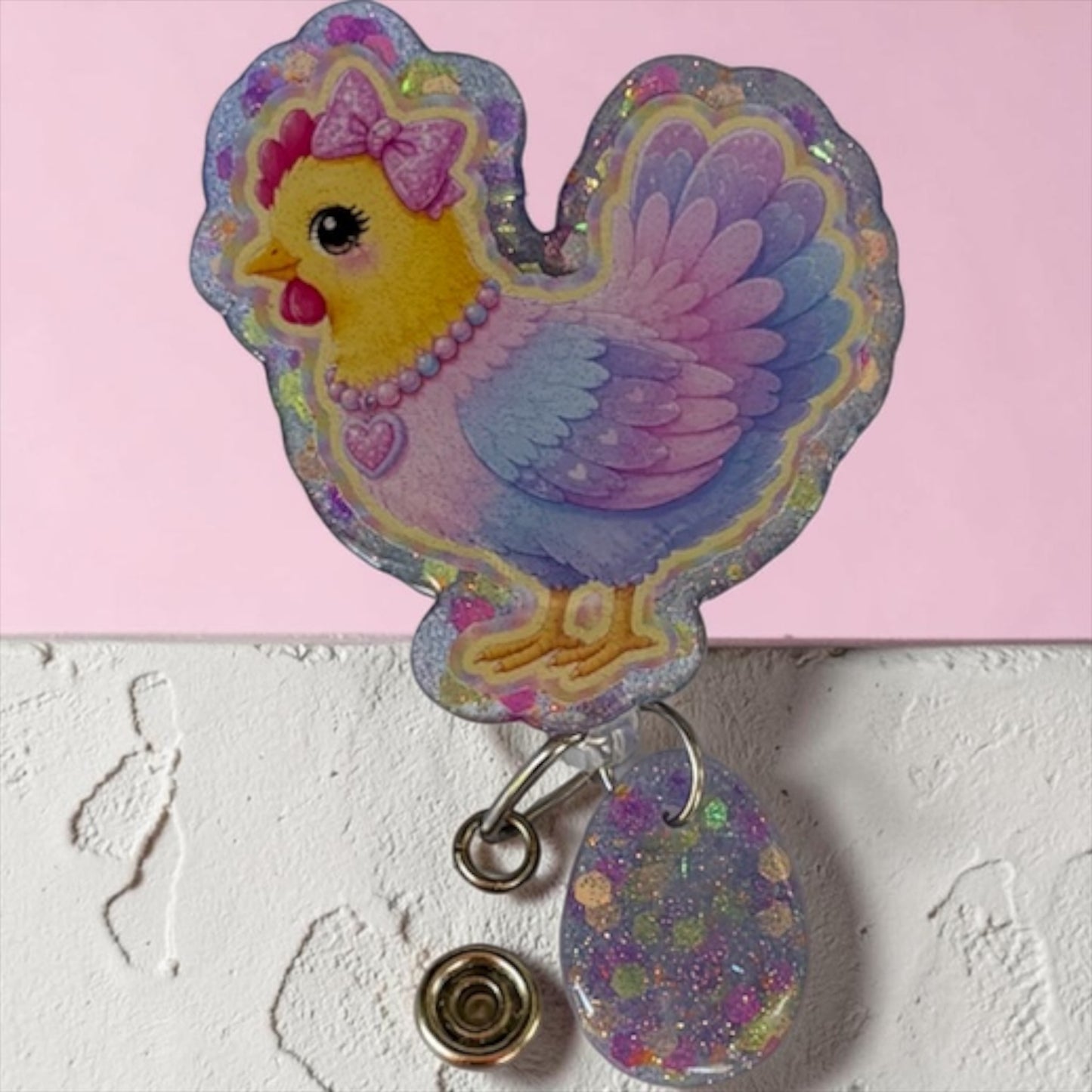 Pastel Glitter Chicken Badge Reel – Cute Girly Nurse Badge Holder