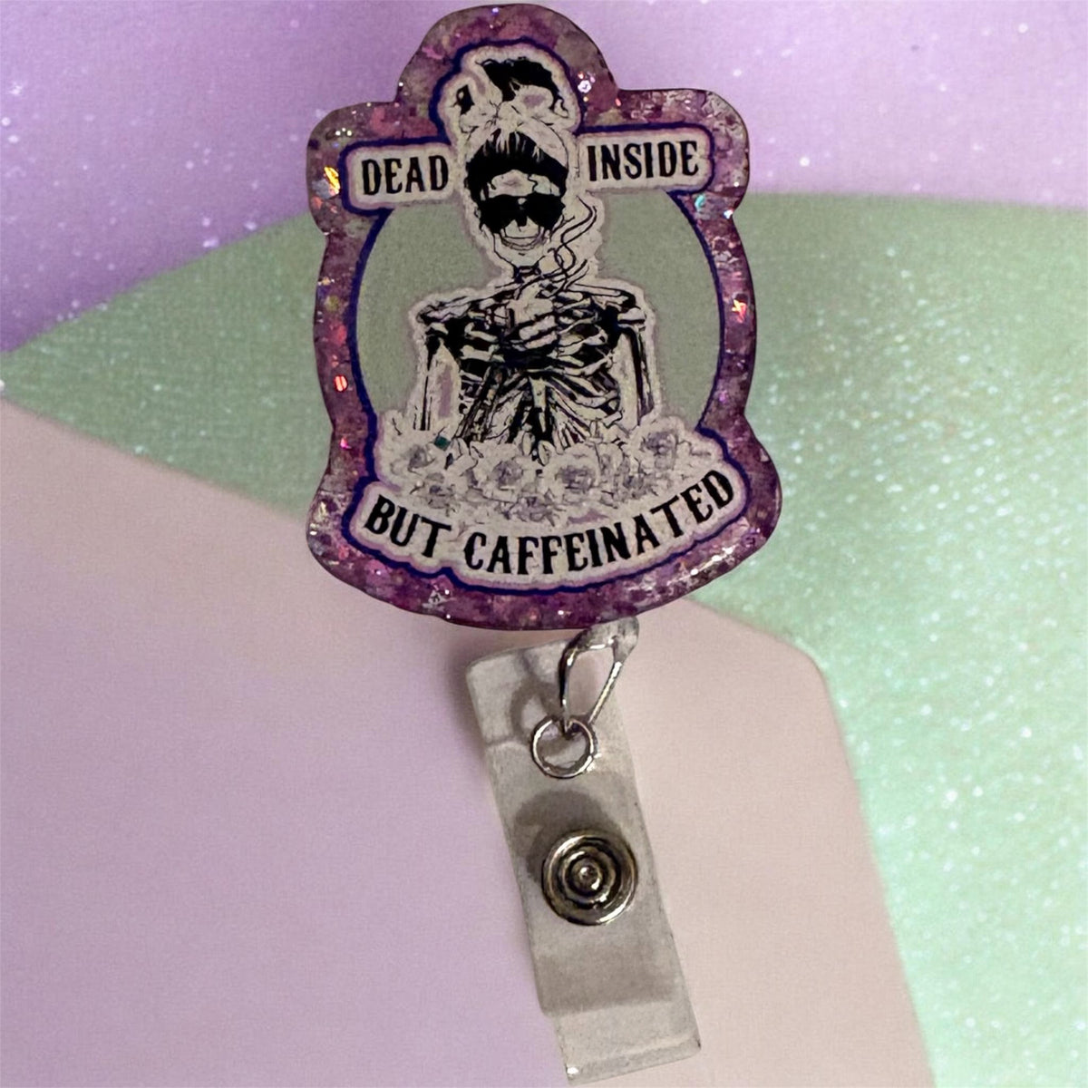 Dead Inside but Caffeinated Badge Reel – Funny Nurse ID Clip | Coffee Lover Work Badge | Caffeine Addict Gift for Healthcare & Office Staff