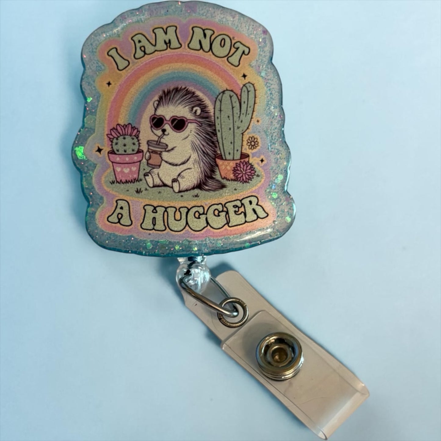 I Am Not a Hugger Badge Reel – Cute Hedgehog Cactus Rainbow ID Holder