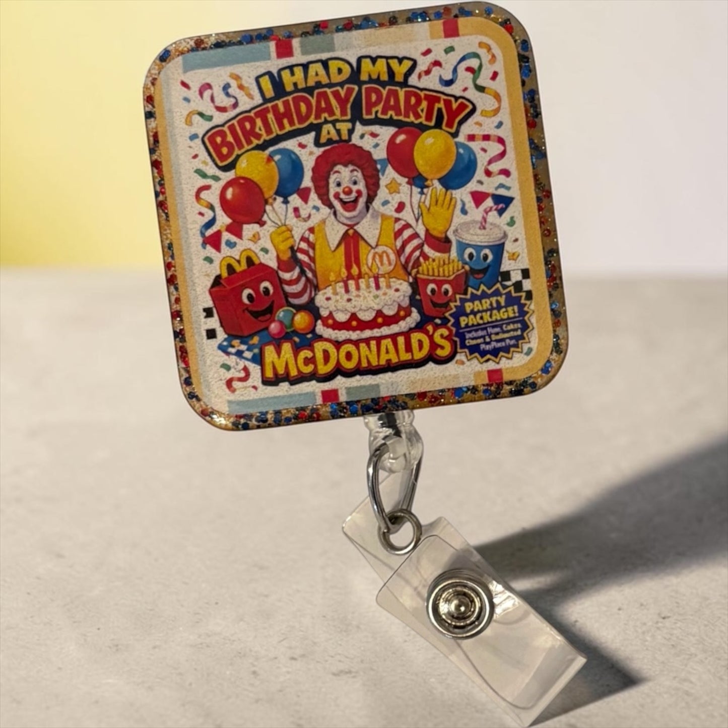 Retro McDonald’s Birthday Party Badge Reel | Nostalgic Ronald Clown ID Holder | Glitter Edge Nurse Badge Reel