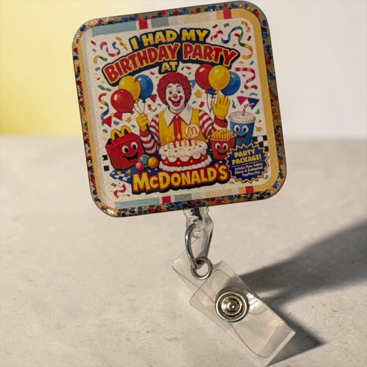 Retro McDonald’s Birthday Party Badge Reel | Nostalgic Ronald Clown ID Holder | Glitter Edge Nurse Badge Reel